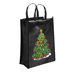 Christmas Tree DIY Diamond Painting Handbag Kits, Including Canvas Bag, Resin Rhinestones, Pen, Tray & Glue Clay, Black, Christmas Tree, 350x290mm