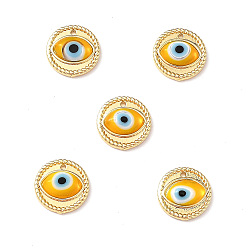 Gold Handmade Lampwork Evil Eye Pendants, with Real 18K Gold Plated Brass Findings, Lead Free & Cadmium free, Flat Round Charm, Gold, 14.5x4mm, Hole: 1mm