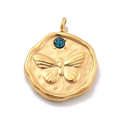 Синий Оттенок 304 из нержавеющей стали горный хрусталь подвески, плоская круглая бабочка, ионное покрытие (ip), реальный 14 k позолоченный, синий оттенок, 15.5x12.5x2 мм, отверстие : 1.8 мм