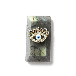 Лабрадорита Ограненные подвески из натурального лабрадорита, прямоугольные подвески с латунным микропаве из разноцветных кубических цирконий и эмалевым глазом, золотые, 25.5x13.5x6 мм, отверстие : 1 мм