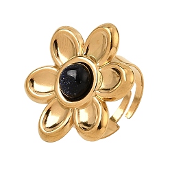 Blue Goldstone 304 Stainless Steel Cuff Open Rings for Women, Flower, with Synthetic Blue Goldstone, Ion Plating(IP), Golden, US Size 7(17.3mm)