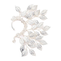 Silver Alloy Leaf Cuff Earrings, Glass Beads Climber Wrap Around Earring for Women, Silver, 132x87~90x9mm