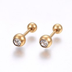 Golden 304 Stainless Steel Earlobe Plugs, Screw Back Earrings, with Rhinestone, Round, Crystal, Golden, 5mm, Pin: 1mm, 12pairs/bag