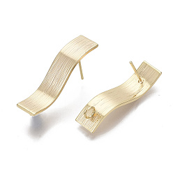 Real 18K Gold Plated Brass Stud Earring Findings, with Loop, Nickel Free, Rectangle, Real 18K Gold Plated, 29x7.5mm, Hole: 2.5mm, Pin: 0.7mm