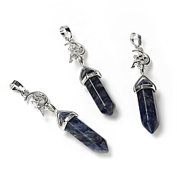 Sodalite Natural Sodalite Double Terminated Pointed Big Pendants, with Platinum Tone Brass Findings, Cadmium Free & Lead Free, Moon with Fairy & Bullet, Faceted, 62~66mm