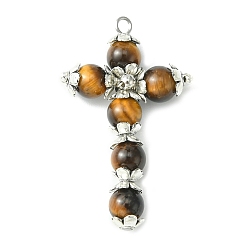 Tiger Eye Natural Tiger Eye Copper Wire Wrapped Pendants, Cross Charms, Platinum, 39x23~24x7mm, Hole: 1.8~2mm