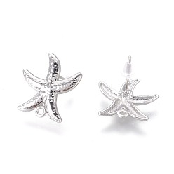 Platinum Brass Stud Earring Findings, with Plastic Ear Nuts and Loop, Long-Lasting Plated, Starfish/Sea Stars, Platinum, 18x17x2mm, Hole: 1.2mm, Pin: 0.7mm
