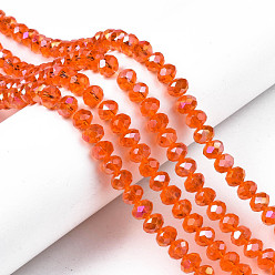 Orange Red Electroplate Glass Beads Strands, AB Color Plated, Faceted, Rondelle, Orange Red, 8x6mm, Hole: 1mm, about 65~68pcs/strand, 15.7~16.1 inch(40~41cm)