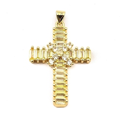 Clear Rack Plating Real 18K Gold Plated Brass Pendants, with Cubic Zirconia, Long-Lasting Plated, Lead Free & Cadmium Free, Cross, Clear, 35x23.5x5mm, Hole: 5X3.5mm