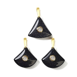 Azul Goldstone Pendientes de material sintético azul goldstone, con detalles de latón dorado micro pavé de circonita cúbica transparente, dije en forma de abanico, 26~27.5x20~20.5x7.5~8 mm, agujero: 5x3 mm