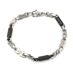 Black Two Tone 304 Stainless Steel Column & Cross Link Chain Bracelet, Black, 8-1/8 inch(20.6cm), Wide: 6mm
