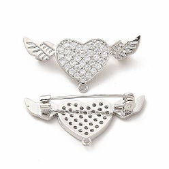 Platinum Brass Micro Pave Clear Cubic Zirconia Brooch Findings, with Loops, Heart with Angel Wing, Platinum, 34x16x6.5mm, Hole: 1.2mm