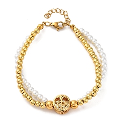 Плоский Круглый Латунь многожильных браслеты, браслеты со стразами для женщин, ионное покрытие (ip), реальный 18 k позолоченный, с пластиковой жемчужиной и 304 карабином из нержавеющей стали, плоско-круглые, 7-1/4 дюйм(18.3см)+30.5мм удлинитель+27мм удлинитель