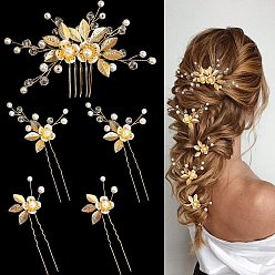 gold, 5 per group Vintage Bridal Hair Clip with Pearl and Gold Leaf - Elegant Wedding Hair Accessory for Women.