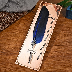 Midnight Blue Feather Quill Pen, Vintage Feather Dip Ink Pen, Zinc Alloy Pen Stem Writing Quill Pen Calligraphy Pen As Christmas Birthday Gift Set, Midnight Blue, 23~24cm