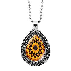 Gold Glass Teardrop with Mandala Flower Pendant Necklace with Ball Chains, Platinum Alloy Jewelry for Women, Gold, 23.62 inch(60cm)