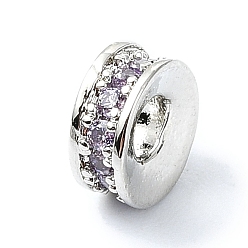 Lilac Rack Plating Brass Pave Cubic Zirconia Beads, Long-Lasting Plated, Lead Free & Cadmium Free, Real 18K Gold Plated, Flat Round, Lilac, 6x2.7mm, Hole: 2.2mm