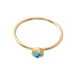 Deep Sky Blue Glass Flat Round Finger Ring, Golden Stainless Steel Ring, Deep Sky Blue, Inner Diameter: 18.2mm