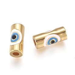 Colorful Brass Enamel Beads, Column with Evil Eye, Golden, Colorful, 10x4.5mm, Hole: 1.8mm