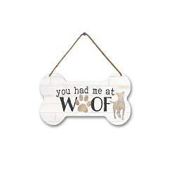 Floral White Dog Bone with Word Wood Pendant Decoration, Hanging Sign Plaque for Puppy Pet House Door Wall Decoration, Floral White, Pendant: 120x210mm