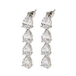 Clear Rack Plating Platinum Tone Brass Cubic Zirconia Studs Earrings for Women, Teardrop, Clear, 41x7mm