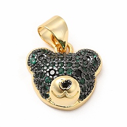 Green Rack Plating Brass Micro Pave Cubic Zirconia Charms, Cadmium Free & Lead Free, Real 18K Gold Plated, Long-Lasting Plated, Bear Head Charm, Green, 11.5x12x5mm, Hole: 3.5x4.5mm