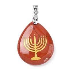 Красный Камень Природные красной яшмы подвески, с реечной обшивкой латунными выводами, без кадмия и без свинца, очарование слезы, 31x25x5~7 мм, отверстие : 4.5x4 мм