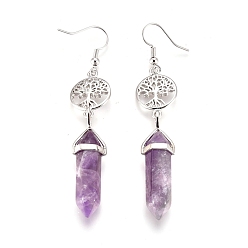 Amethyst Pointed Bullet Natural Amethyst Dangle Earrings, with Brass Earring Hooks and Flat Round with Tree of Life Links, Platinum, 76mm, Pin: 0.7mm