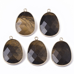 Tiger Eye Natural Tiger Eye Pendants, with Golden Plated Edge Brass Findings, Nickel Free, Faceted, Oval, 25~26x17~18x5mm, Hole: 1.4mm