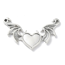 Antique Silver Alloy Cabochon Connector Settings, Heart with Wings, Antique Silver, Tray: 11.5x16mm, 35x53x2.5mm, Hole: 1.2mm