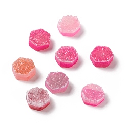 Deep Pink Natural Druzy Agate Cabochons, Dyed, Hexagon, Deep Pink, 10x10x5~6mm