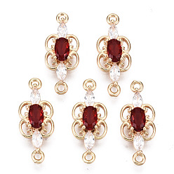 Red Brass Micro Pave Cubic Zirconia Links Connectors, with Glass, Long-Lasting Plated, Light Gold, Butterfly, Red, 17.5x7x3mm, Hole: 1.2mm