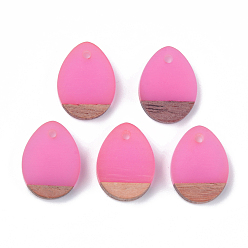 Hot Pink Resin & Walnut Wood Pendants, teardrop, Hot Pink, 17.5x13x4mm, Hole: 1.8mm