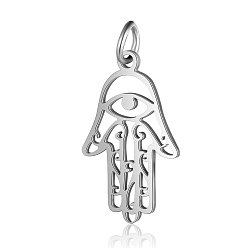 Stainless Steel Color 201 Stainless Steel Pendants, Hamsa Hand/Hand of Fatima/Hand of Miriam with Eye, Stainless Steel Color, 21.5x13x1mm, Hole: 3mm