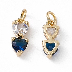 Marine Blue Rack Plating Brass Cubic Zirconia Charms, Double Heart Charm, with Jump Ring, Long-Lasting Plated, Golden, Lead Free & Cadmium Free, Marine Blue, 12.5x5.5x4mm, Hole: 3.5mm