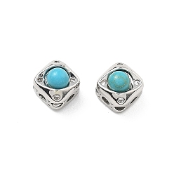 Платина Латунные многорядные звенья с ромбом цвета синтетической бирюзы, с четким кубического циркония, платина, 6x6x5.5 мм, отверстие : 1 мм