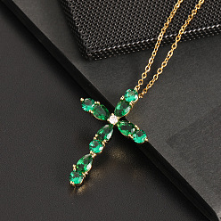 B Colorful Zircon Water Drop Geometric Cross Necklace Pendant for European and American Religious Beliefs Clavicle Chain