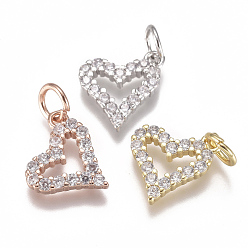 Mixed Color Brass Micro Pave Cubic Zirconia Charms, with Jump Ring, Long-Lasting Plated, Heart, Clear, Mixed Color, 10x10x2mm, Hole: 3mm