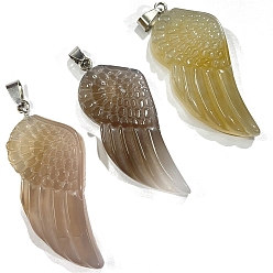 Grey Agate Natural Grey Agate Big Pendants, Wing Charms with Platinum Plated Matel Snap on Bails, 50x25mm