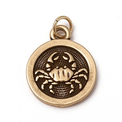 Cancer Brass Pendants, with Jump Rings, Long-Lasting Plated, Flat Round with 12 Constellation/Zodiac Sign, Antique Bronze, Cancer, 18.5x15x2mm, Jump Ring: 5x0.7mm, Inner Diameter: 3.6mm