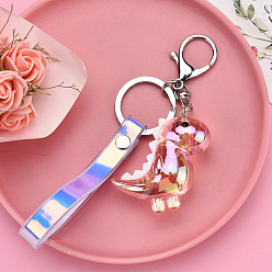 Misty Rose Platinum Tone Plated Alloy Keychains, Iridescent Keychain, with PU Leather Straps and Acrylic Pendant, Dinosaur, Misty Rose, 16cm