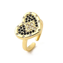 Черный Манжеты из латуни с микро паве кубический цирконий для женщин, сердце и крест, реальный 18 k позолоченный, стойки покрытие, долговечный, без свинца и без кадмия, чёрные, Сердце: 14.5x18.5 mm