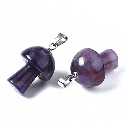 Amethyst Natural Amethyst Pendants, with Stainless Steel Snap On Bails, Mushroom Shaped, 24~25x16mm, Hole: 5x3mm