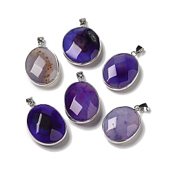 Slate Blue Natural Agate Dyed Pendants, Brass Faceted Oval Charms, Platinum, Slate Blue, 32x23.5x11.5mm, Hole: 7.6x3.8mm