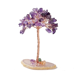 Amethyst Natural Amethyst Chips and Natural Agate with Mixed Stone Pedestal Display Decorations, with Rose Gold Plated Brass Wires, Lucky Tree, 31~42x60~68x100~104mm