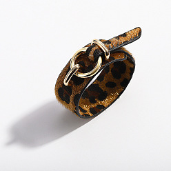 Deep brown Leopard Print Punk Bracelet with Wide Horsehair Faux Leather Band and Adjustable Chain
