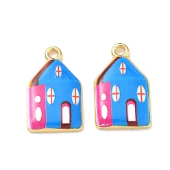 Dodger Blue Printed Brass Pendants, House Charms, Rack Plating, Long-Lasting Plated, Lead Free & Cadmium Free, Real 18K Gold Plated, Dodger Blue, 25x15.5x3.5mm, Hole: 2.5mm