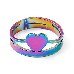 Rainbow Color Ion Plating(IP) 201 Stainless Steel Heart Adjustable Ring for Women, Rainbow Color, US Size 6 1/4(16.7mm)