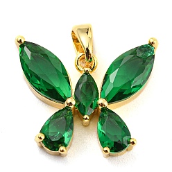 Green Brass Pave Cubic Zirconia Pendants, Real 14K Gold Plated, Butterfly, Green, 15x18.5x4mm, Hole: 4x3mm