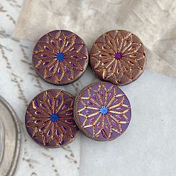 Pourpre Moyen Perles de verre tchèques, plat et circulaire avec fleur, support violet, 18mm